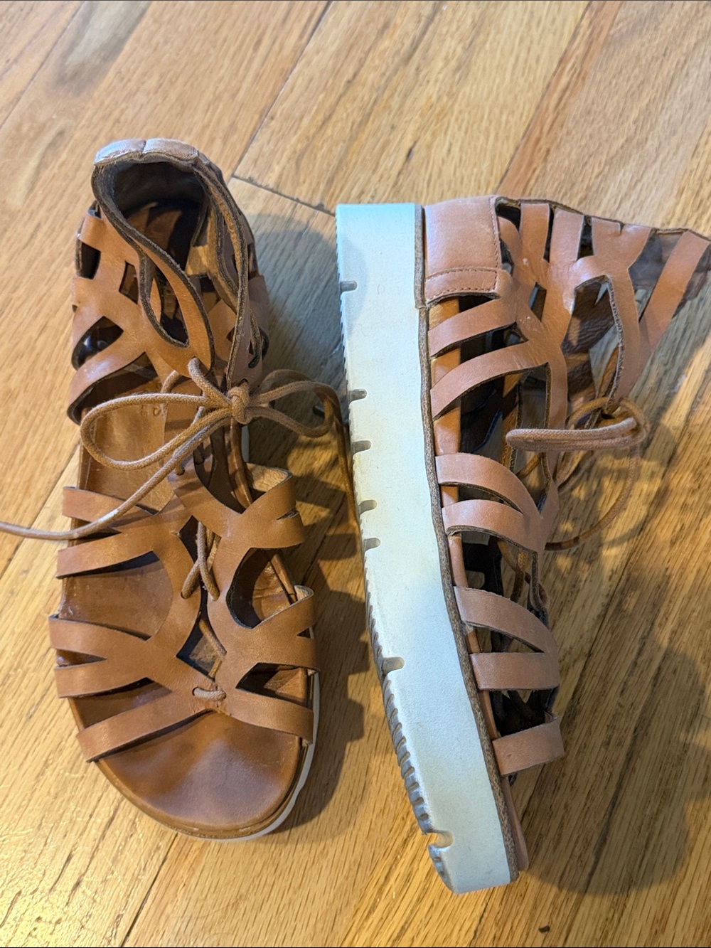 gentle souls Tan Leather Lace-Up Strappy Flat Sandals